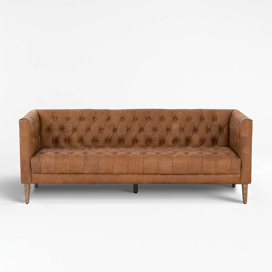 Rollins Natural Washed Camel Leather Button Tufted Sofa
