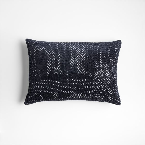 Sashiko Organic Cotton Velvet 22x15 Deep Indigo Blue Throw Pillow Cover