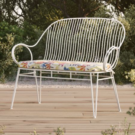 Scroll White Metal Outdoor Bench With Tropic Inside Out Cushion