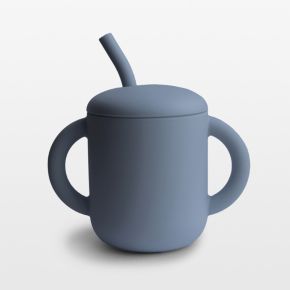 Image of Mushie Blue Silicone Baby Training Cup with Straw