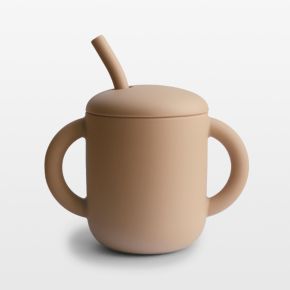 Image of Mushie Natural Beige Silicone Baby Training Cup with Straw