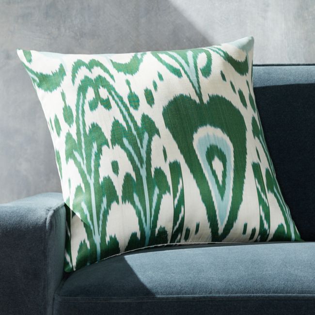 Online Designer Living Room Silk Ikat Pillow Green/Ivory with Feather-Down Insert 20