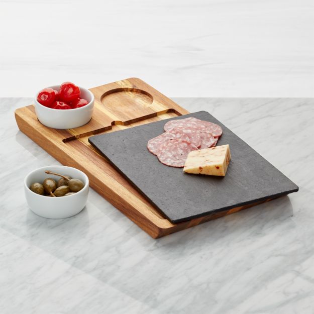 Slate and Wood Serving Board with Bowls + Reviews Crate and Barrel
