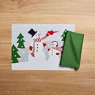 Snowman Easy Care Placemat and Fete Dark Green Cotton Napkin