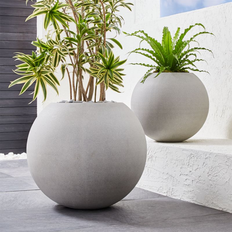 sphere planters pots gray crate outdoor garden barrel planter modern crateandbarrel clay indoor plastic grey round fibre flower flowers landscape