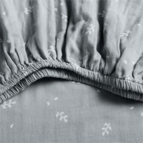 Image of Supersoft Mist Blue Leaf Print 100% Organic Cotton Gauze Baby Crib Fitted Sheet