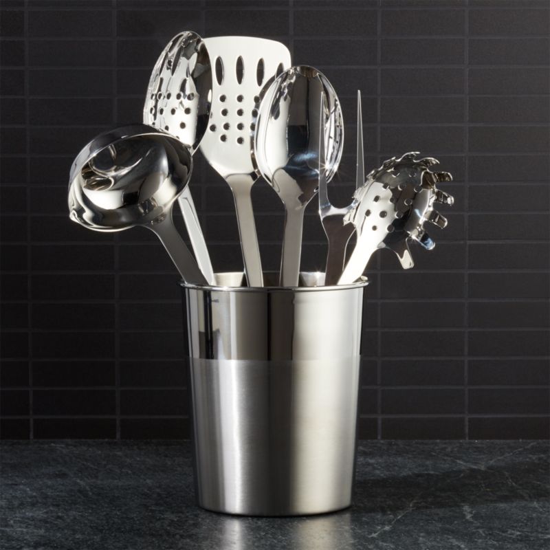 Stainless Steel Utensil Crock Set Crate And Barrel   StainlessUtensilCrockSetSHF18