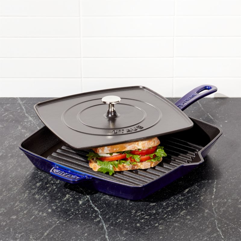 Staub Dark Blue 12" Square Grill Pan and Press + Reviews Crate and Barrel