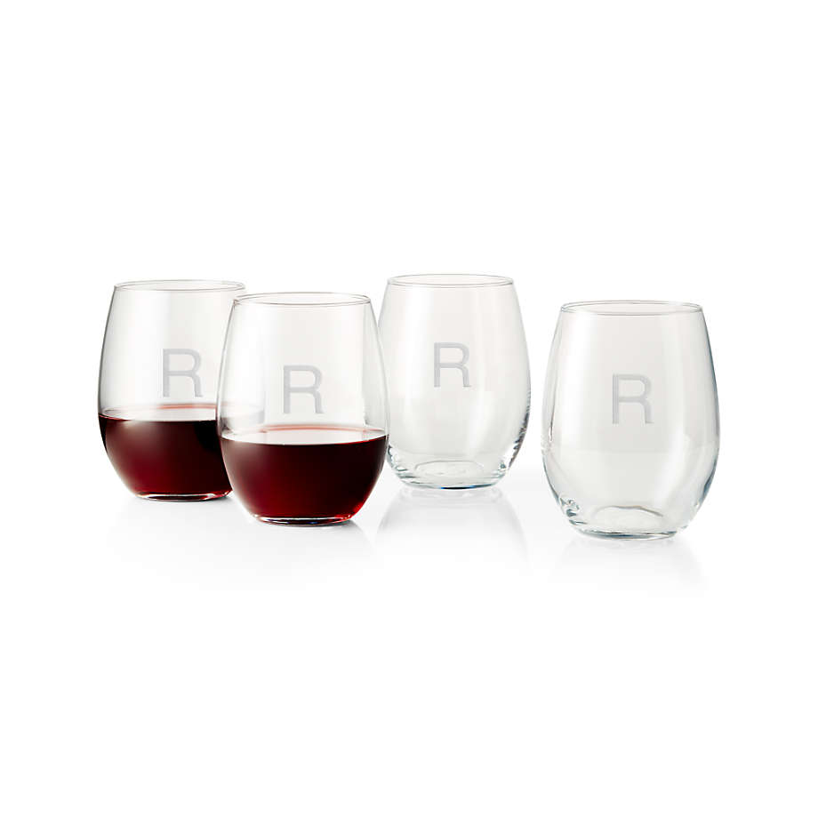 "R" Monogrammed Stemless Wine Glasses, Set of 4 + Reviews Crate and