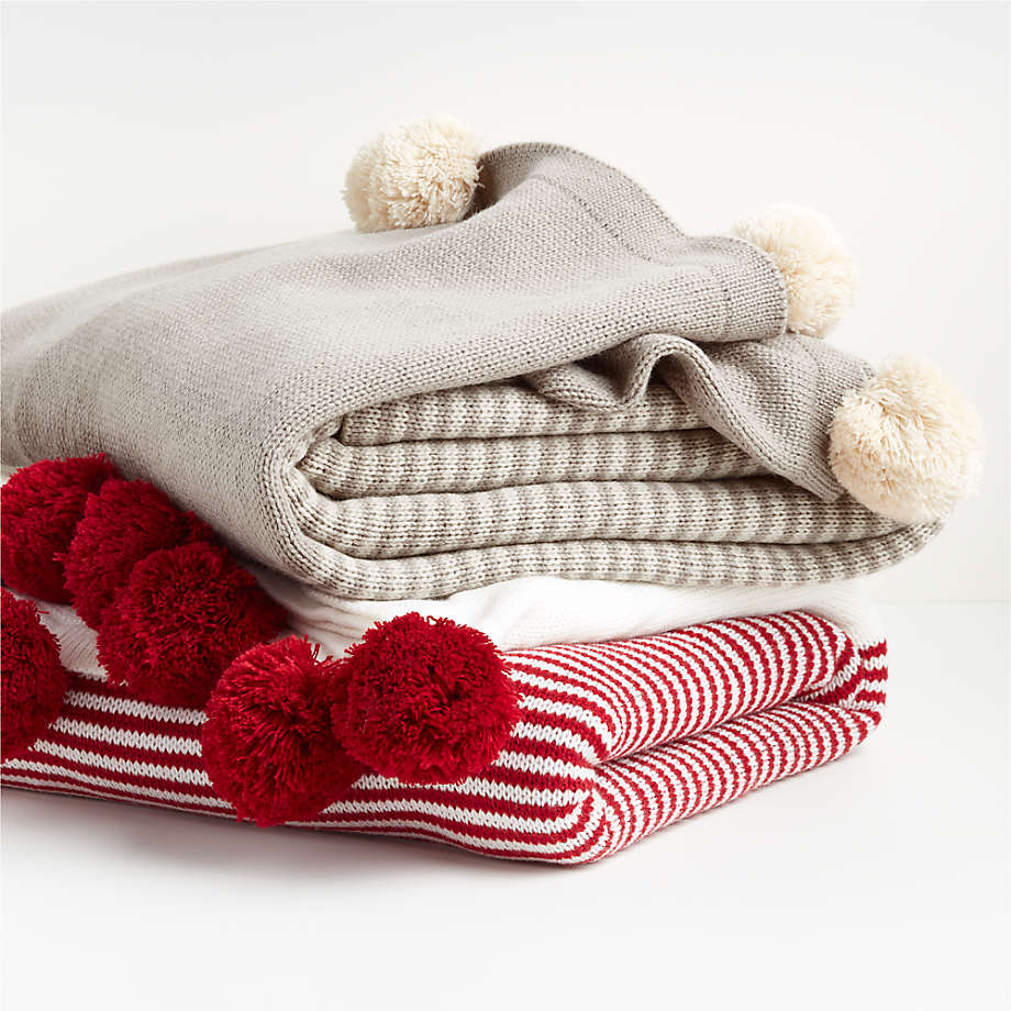 Viewing product image Striped Red Pom Pom Throw