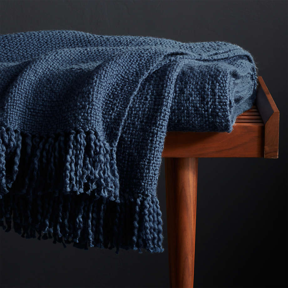Styles Blue Fringe Throw Blanket + Reviews Crate and Barrel