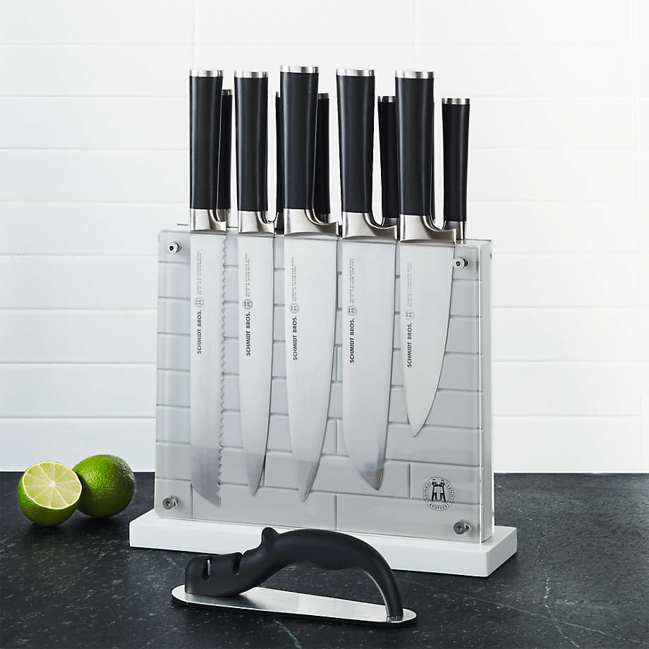 grey knife block with knives