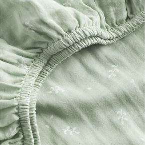 Image of Supersoft Muted Teal Leaf Print 100% Organic Cotton Gauze Baby Crib Fitted Sheet
