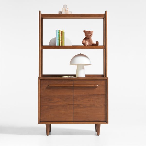 Tatum Walnut Wood 2-Door Kids Storage Bookcase with Hutch
