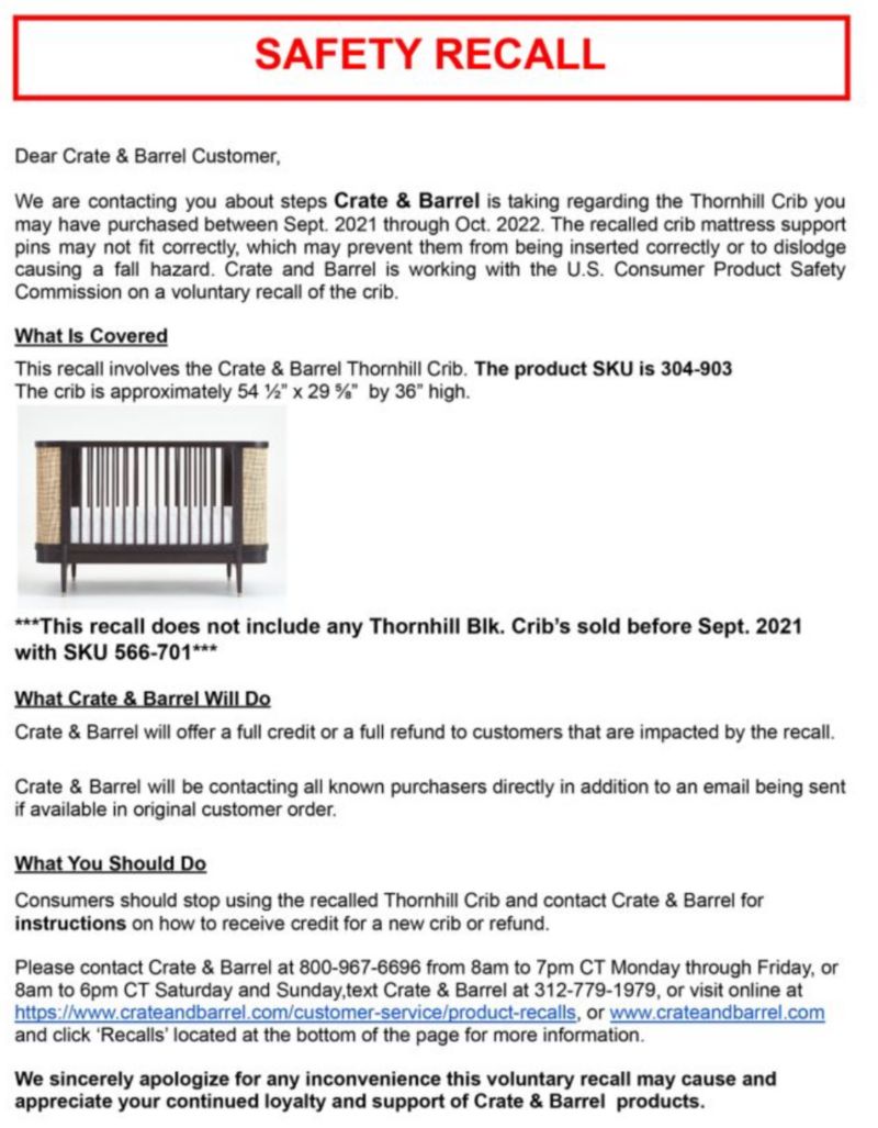 Product Recalls, Crate & Barrel Canada