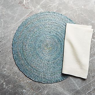 Tropical Palm Sage Green Round Placemat and Helena Vanilla Linen Dinner Napkin