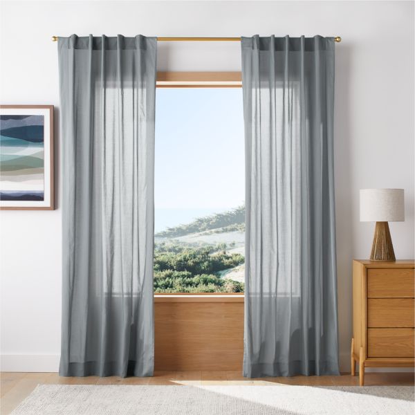 Slate Blue Organic Cotton Voile with Satin Border Sheer Window Curtain Panel 44