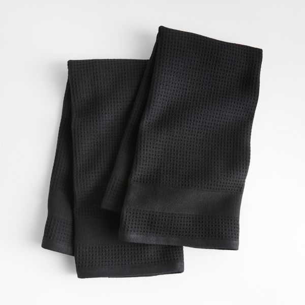 Waffle-Terry Black Organic Cotton Kitchen Towels, Set of 2