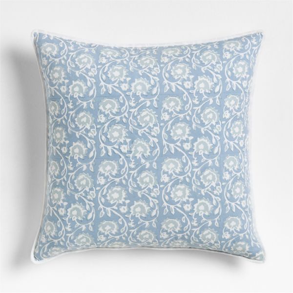 Washed Cotton 23x23 Ruka Blue Floral Reversible Hand Printed Throw Pillow Cover