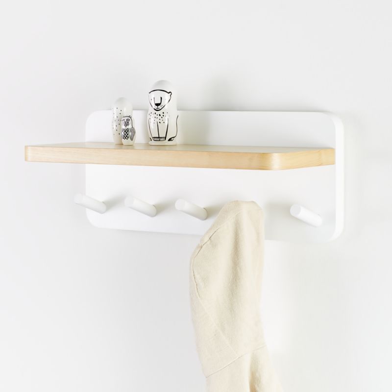 White and Natural Wood Shelf With Hooks + Reviews Crate and Barrel