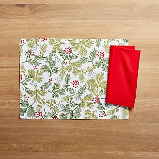 Winter Sprig Placemat and Fete Cherry Cloth Dinner Napkin