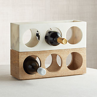 Wood and Marble Stacking 3-Bottle Wine Racks, Set of 2
