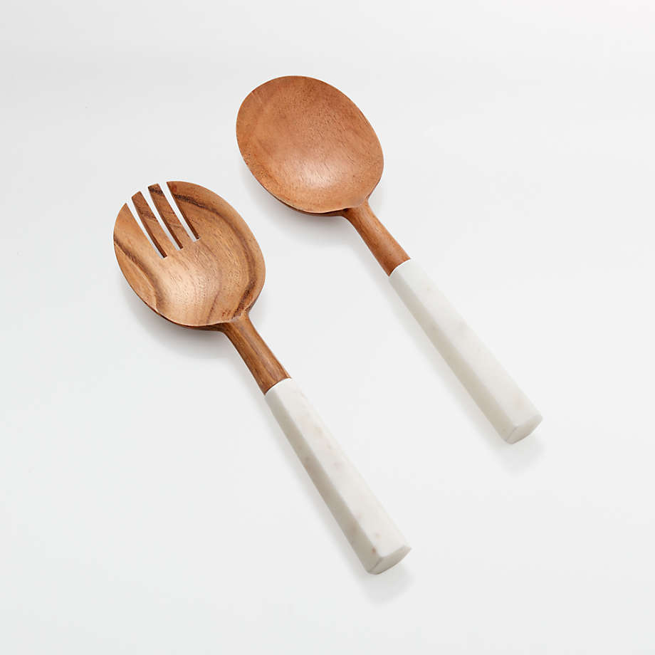 Wood and Marble Salad Servers