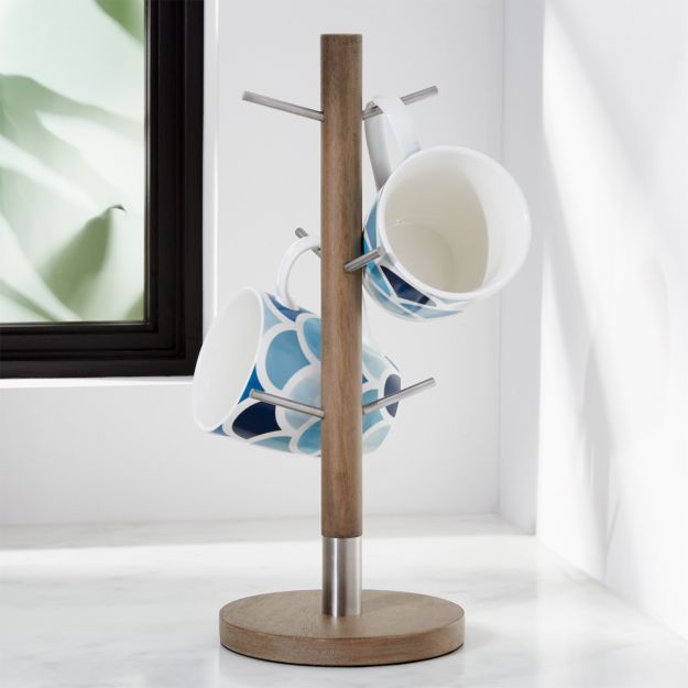 Stainless Steel and Wood Mug Tree + Reviews Crate and Barrel