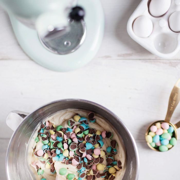 Mini Chocolate Easter Eggs Cut in Half and Added to Cake Batter to Create an Easter Egg Cake.