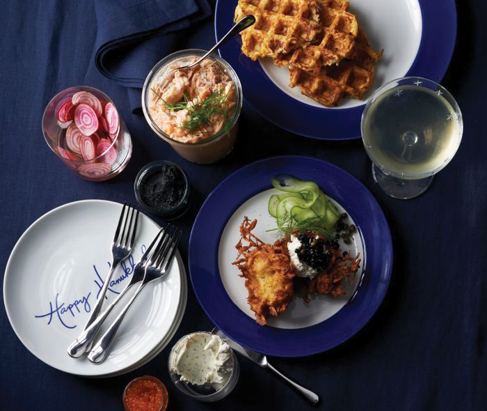 Sweet Potato & Apple and Funnel Cake Latkes served on Element Metal Antiqued Pewter Tray