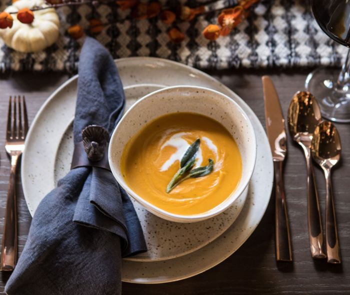 Thanksgiving Table Setting with Maple Sweet Potato Soup and Turkey with Gravy.