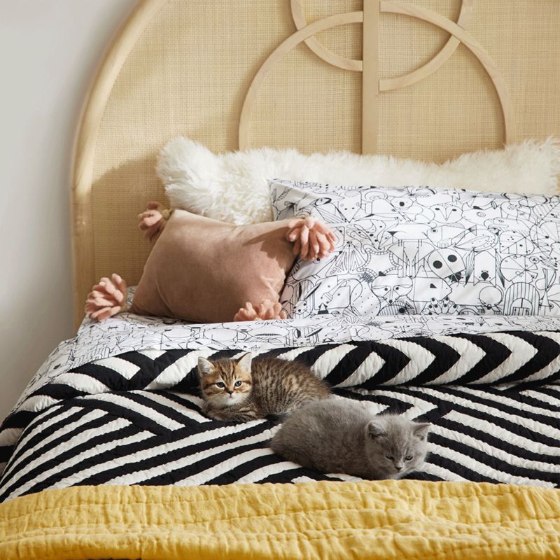 Kittens relaxing on Black Geometric Quilt