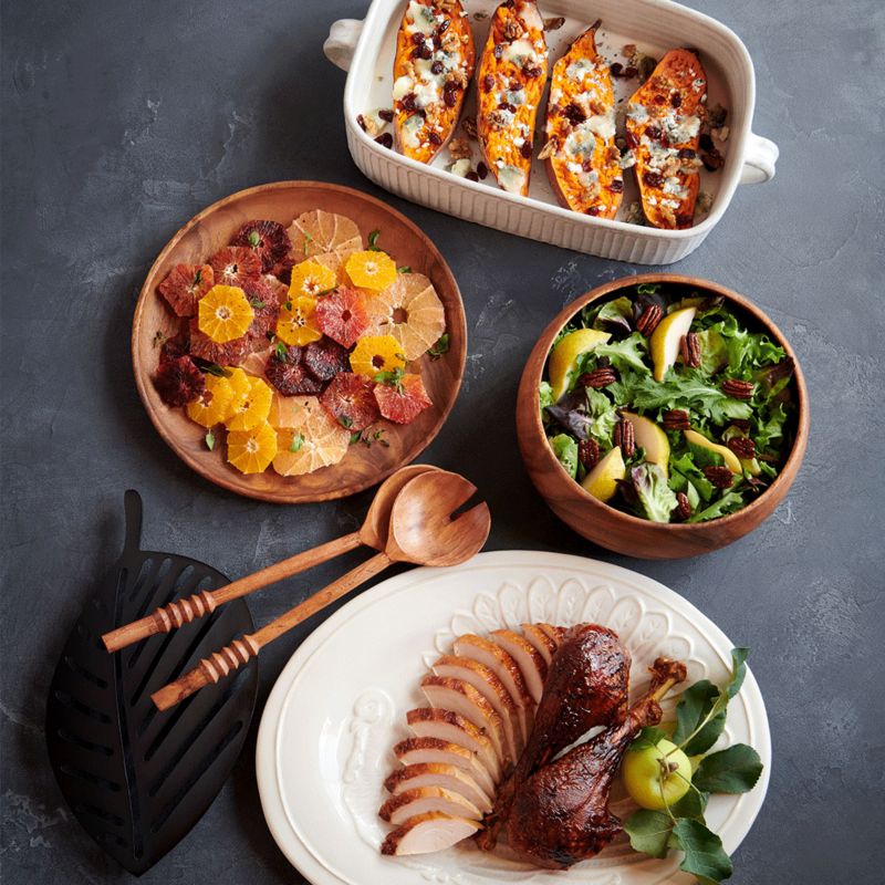 Thanksgiving food on serving platters