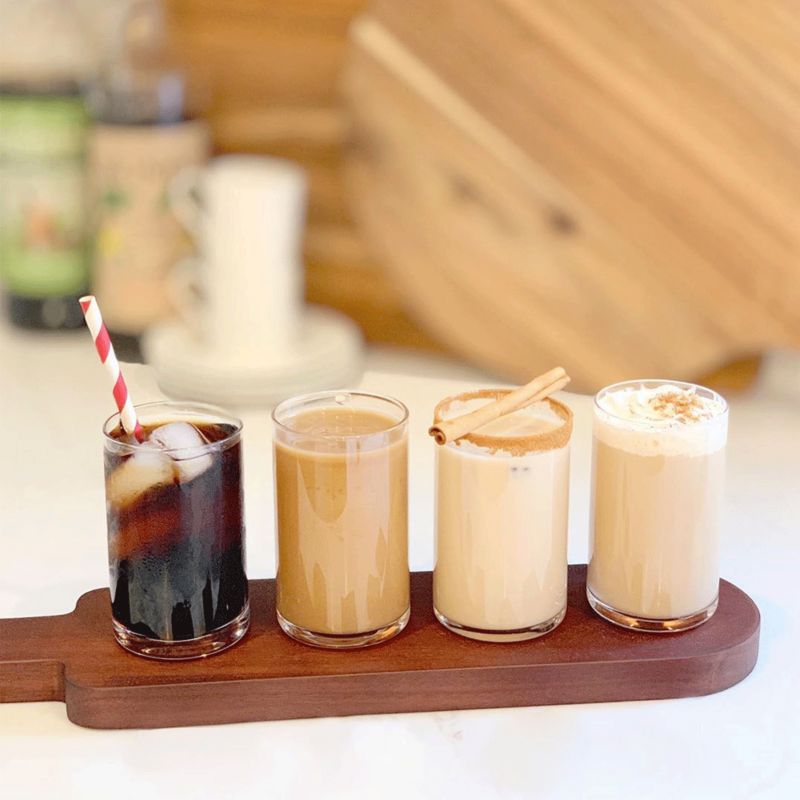 Various iced coffee flavors in drinking glasses