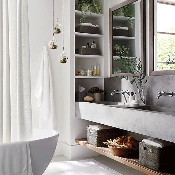 Bathroom with floating glass terrariums