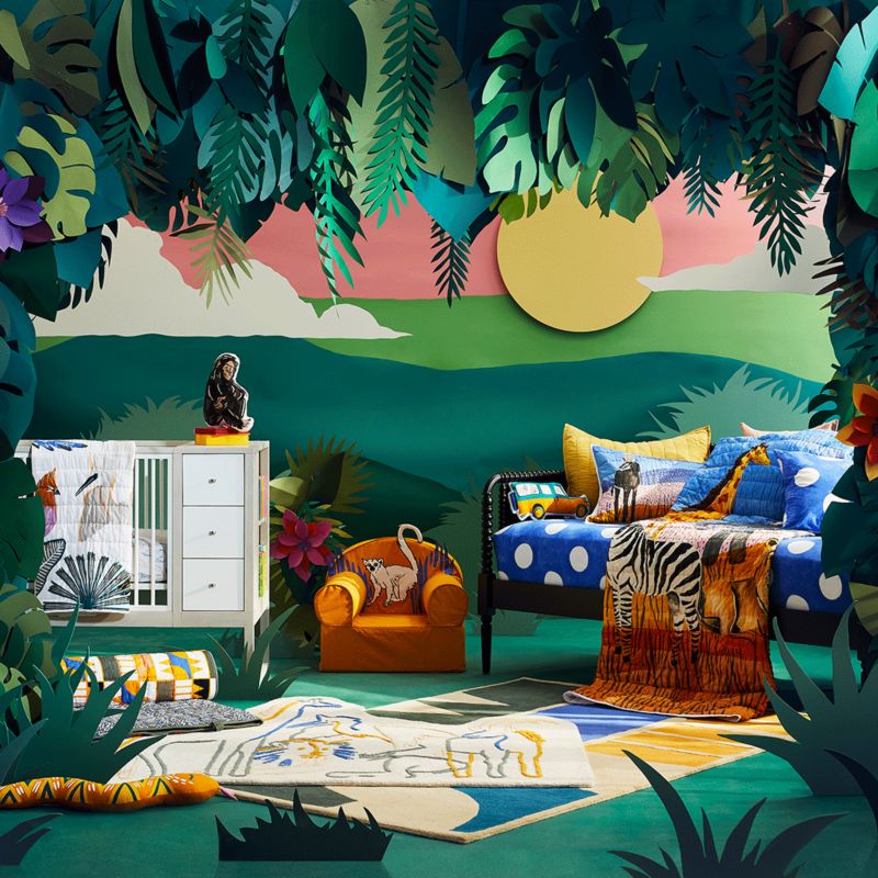 Colorful jungle room featuring pieces from the Jane Goodall collection