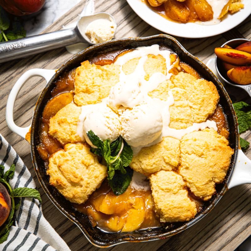 Peach cobbler in skillet