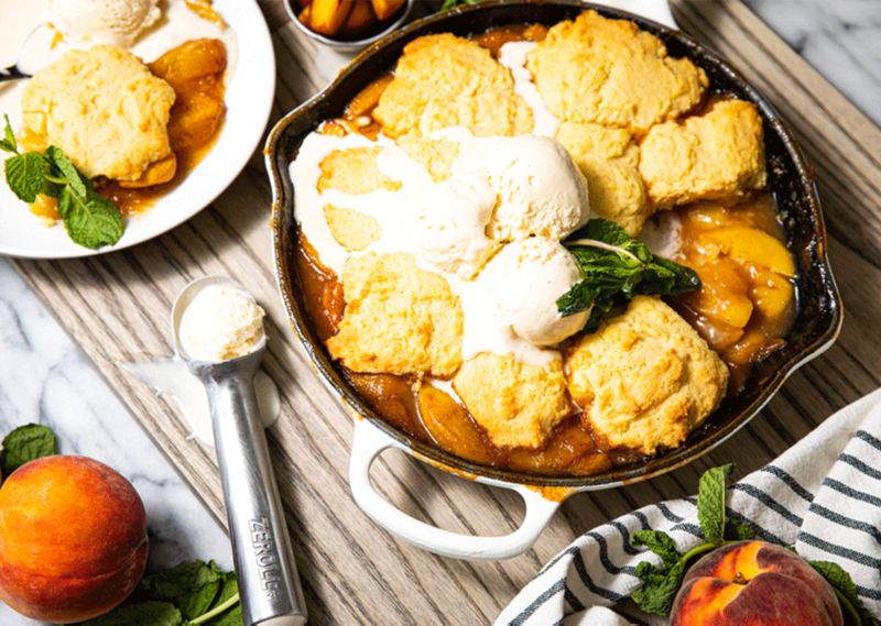 Peach cobbler in skillet