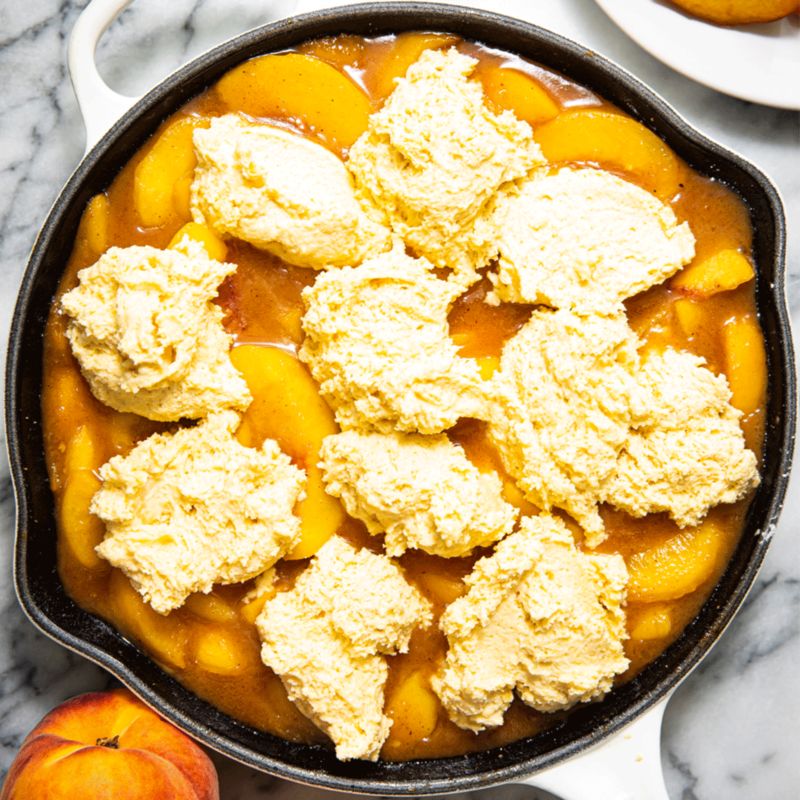 Peach cobbler in skillet