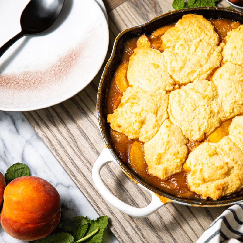 Peach cobbler in skillet