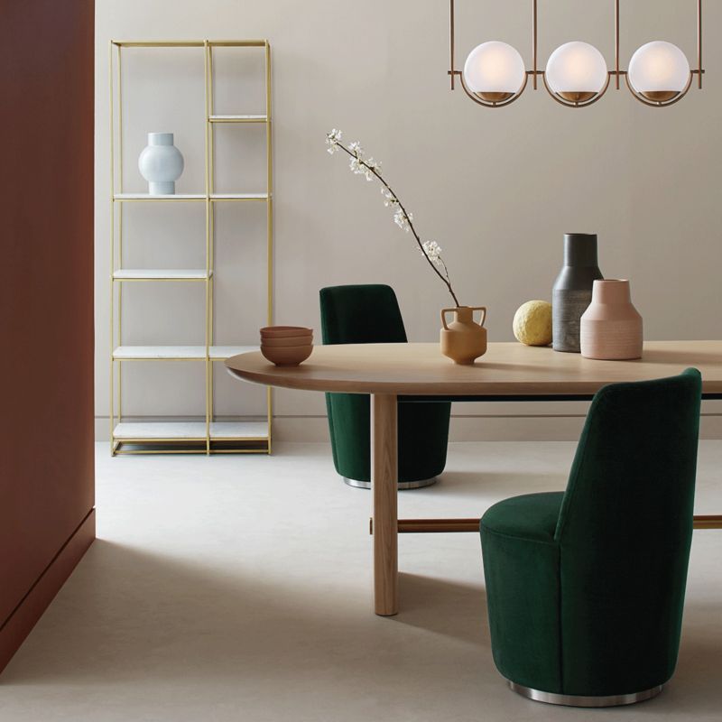 Trove Dining Room with green velvet swivel dining chairs