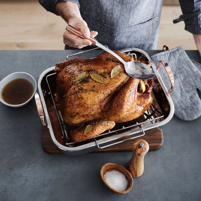 Cooked turkey sitting on All-Clad roaster rack