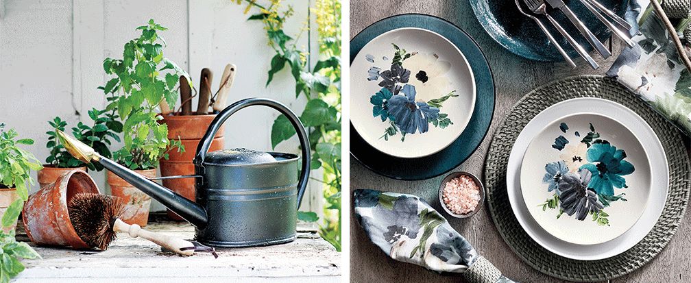 Watering can and terracotta pots, floral dinnerware