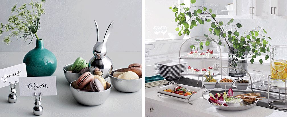 Silver rabbit and serving bowls, serveware with vegetable appetizers