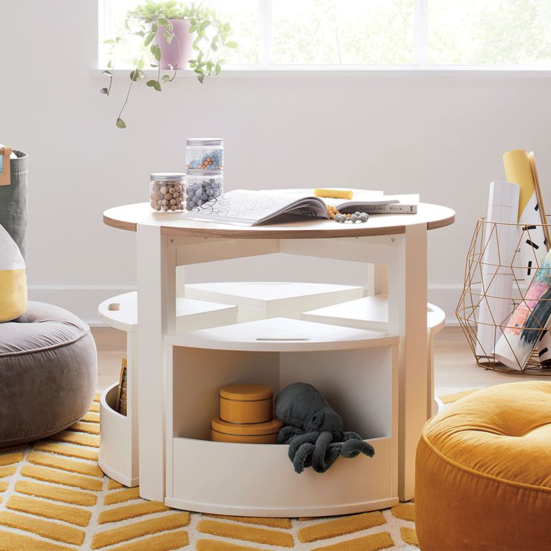 Kids round play table with yellow and grey velvet poufs