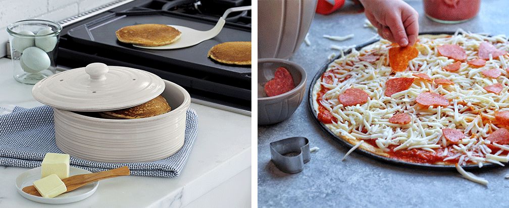 Pancakes cooking on a griddle, child's hand laying pepperoni on a homemade pizza