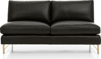 Tyson Leather Armless Loveseat with Brass Base shown in Logan, Smoke