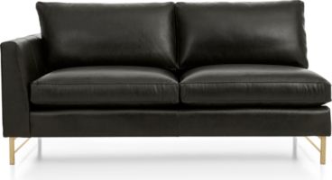 Tyson Leather Left Arm Apartment Sofa with Brass Base shown in Logan, Smoke
