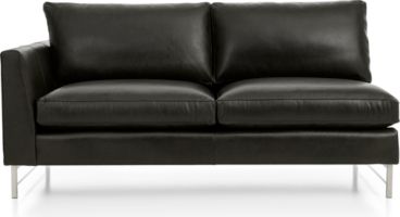 Tyson Leather Left Arm Apartment Sofa with Stainless Steel Base shown in Logan, Smoke