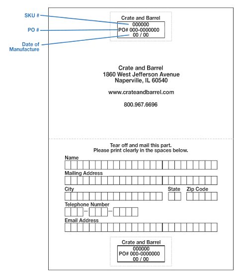 Product registration card highlighting location of sku number, p.o. number, and date of manufacture location at top and bottom of card